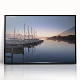 Framed acrylic wall art showcasing a serene harbor design, featuring vibrant colors and intricate details, perfect for enhancing any contemporary living space.