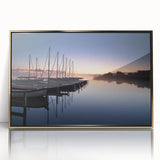 Framed acrylic wall art showcasing a vibrant harbor landscape design with gold accents, perfect for adding elegance to modern home decor.