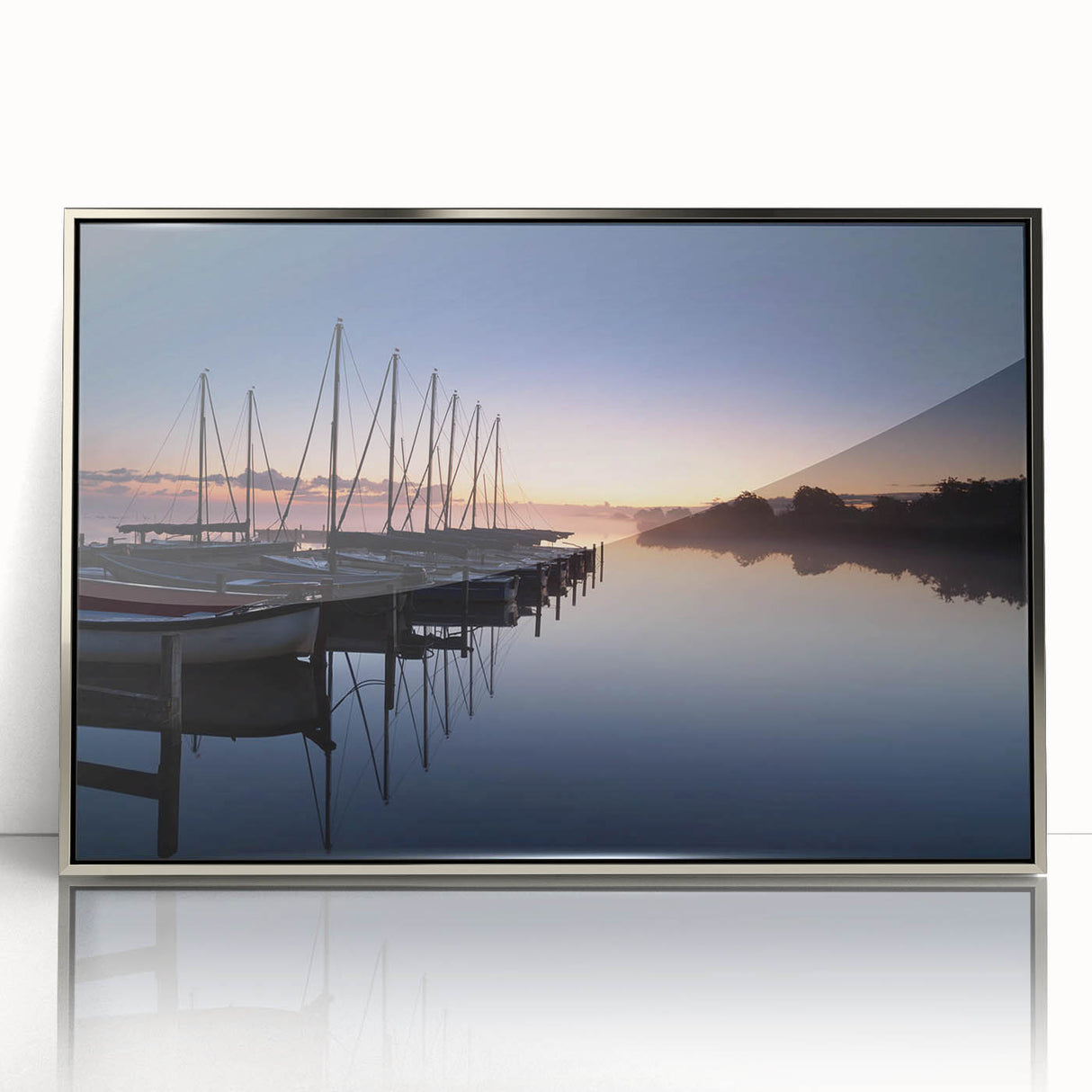Framed acrylic wall art showcasing a serene harbor landscape design, featuring calming blue and silver tones, ideal for modern home decor.