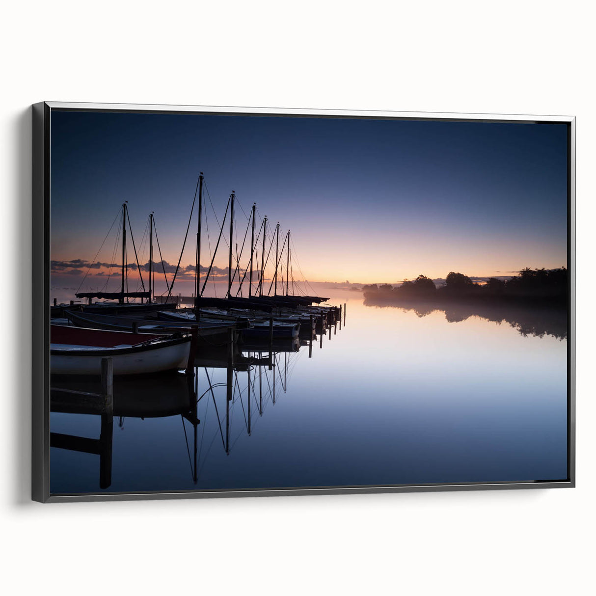 Framed canvas wall art showcasing a serene harbor landscape design, featuring calming blue and green hues, perfect for enhancing home decor with a nautical theme.