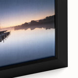 Framed canvas wall art showcasing a serene harbor landscape design with vibrant colors, ideal for home decor, adding a calming coastal ambiance to any room.