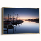 Framed canvas wall art depicting a serene harbor landscape with golden accents, showcasing tranquil waters and boats, perfect for enhancing home decor.