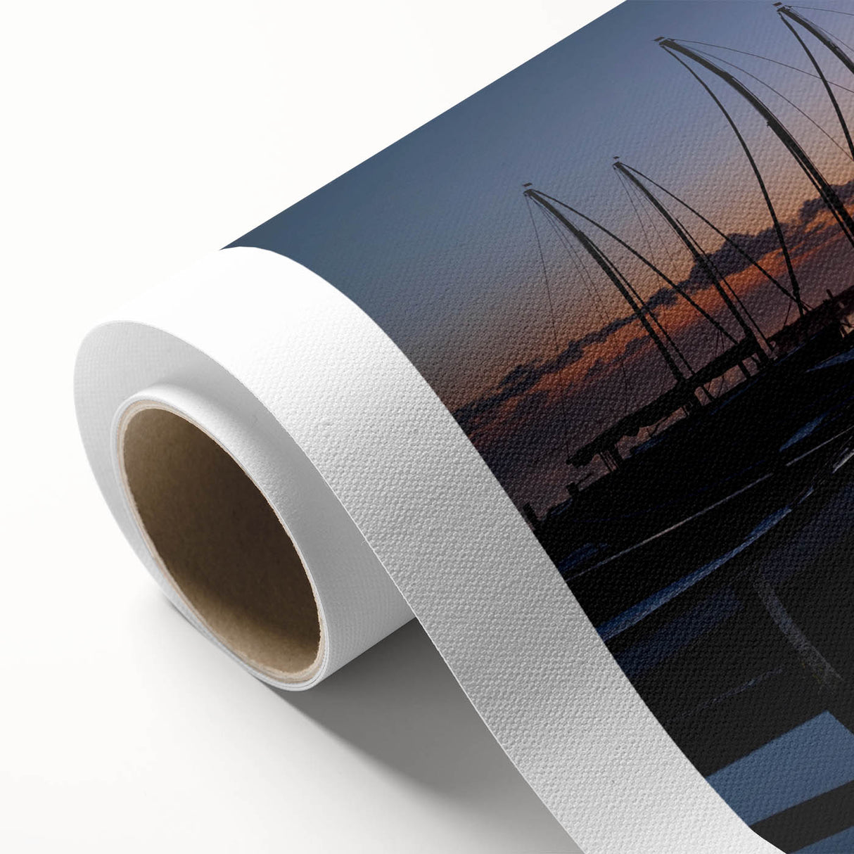 Rolled canvas wall art showcasing a serene landscape harbor design in soft blues and greens, elegantly packaged in a protective cardboard tube for easy display.