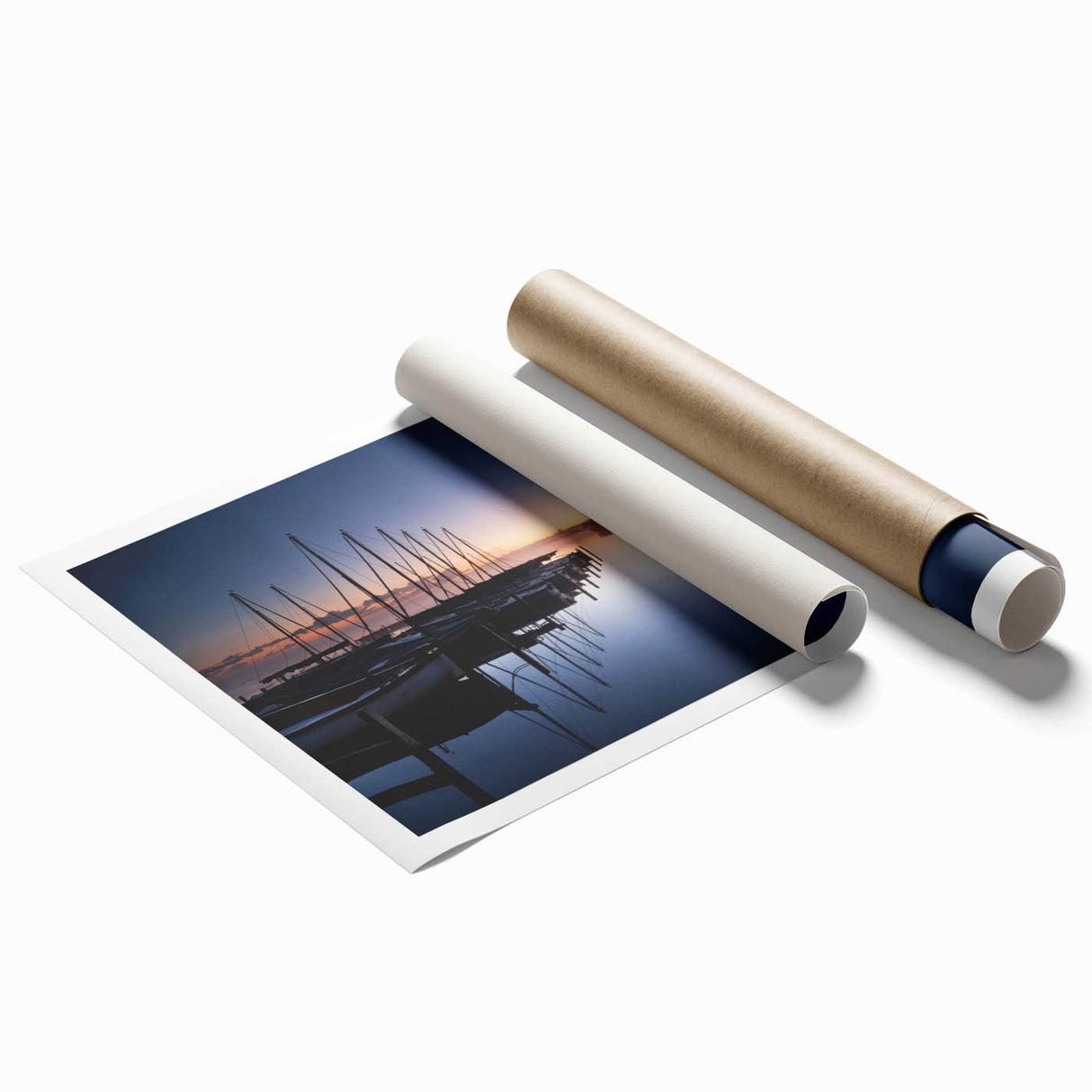 Rolled print of a serene harbor landscape design featuring calming blue and green hues, ideal for home decor, packaged securely in a protective tube.
