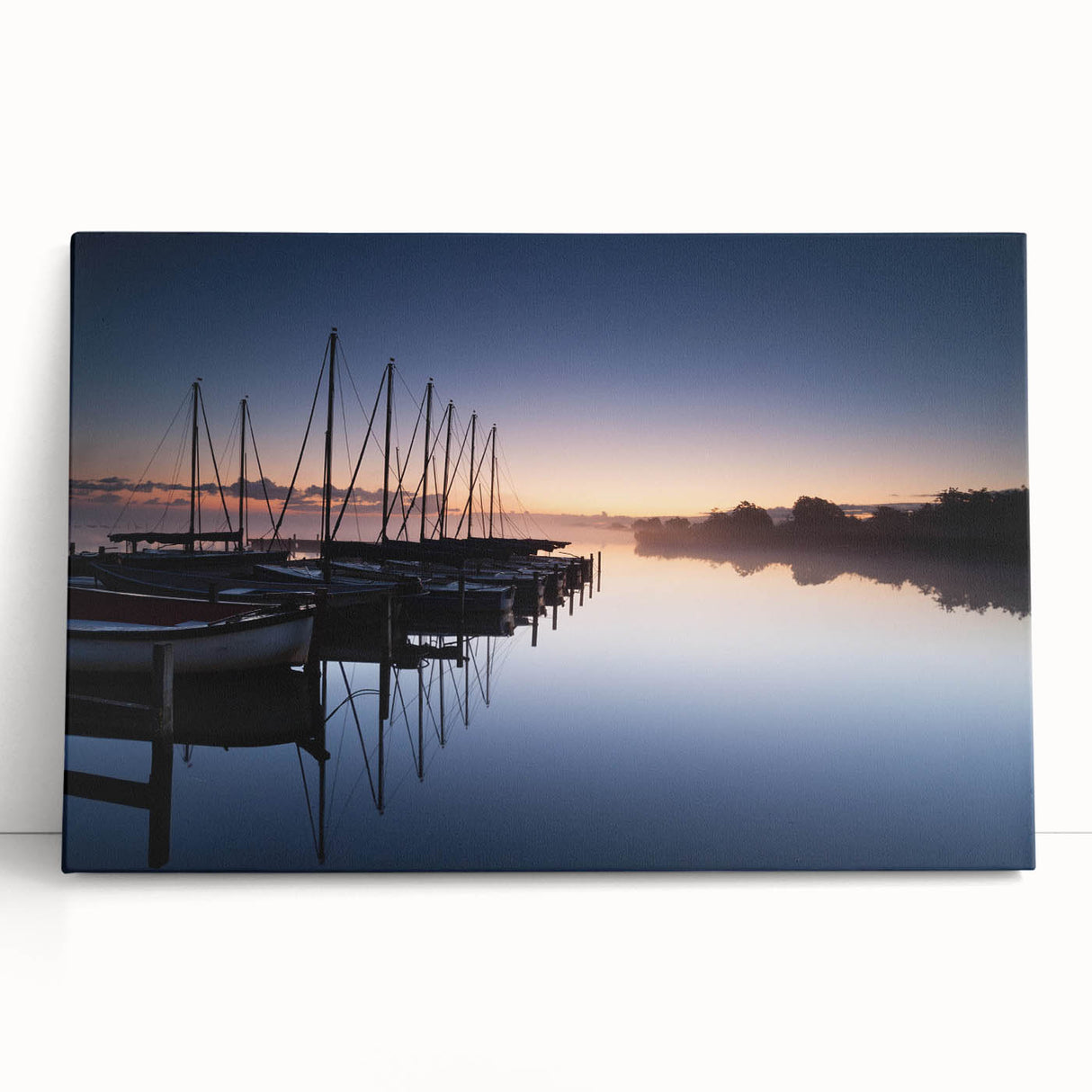 Stretched canvas wall art showcasing a serene harbor landscape design, featuring vibrant blues and greens, perfect for enhancing any coastal-themed space.