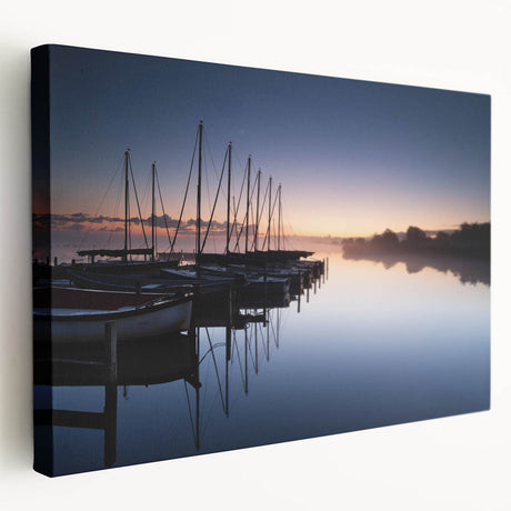 Stretched canvas wall art showcasing a serene harbor landscape design, featuring vibrant colors and intricate details, perfect for modern home decor.