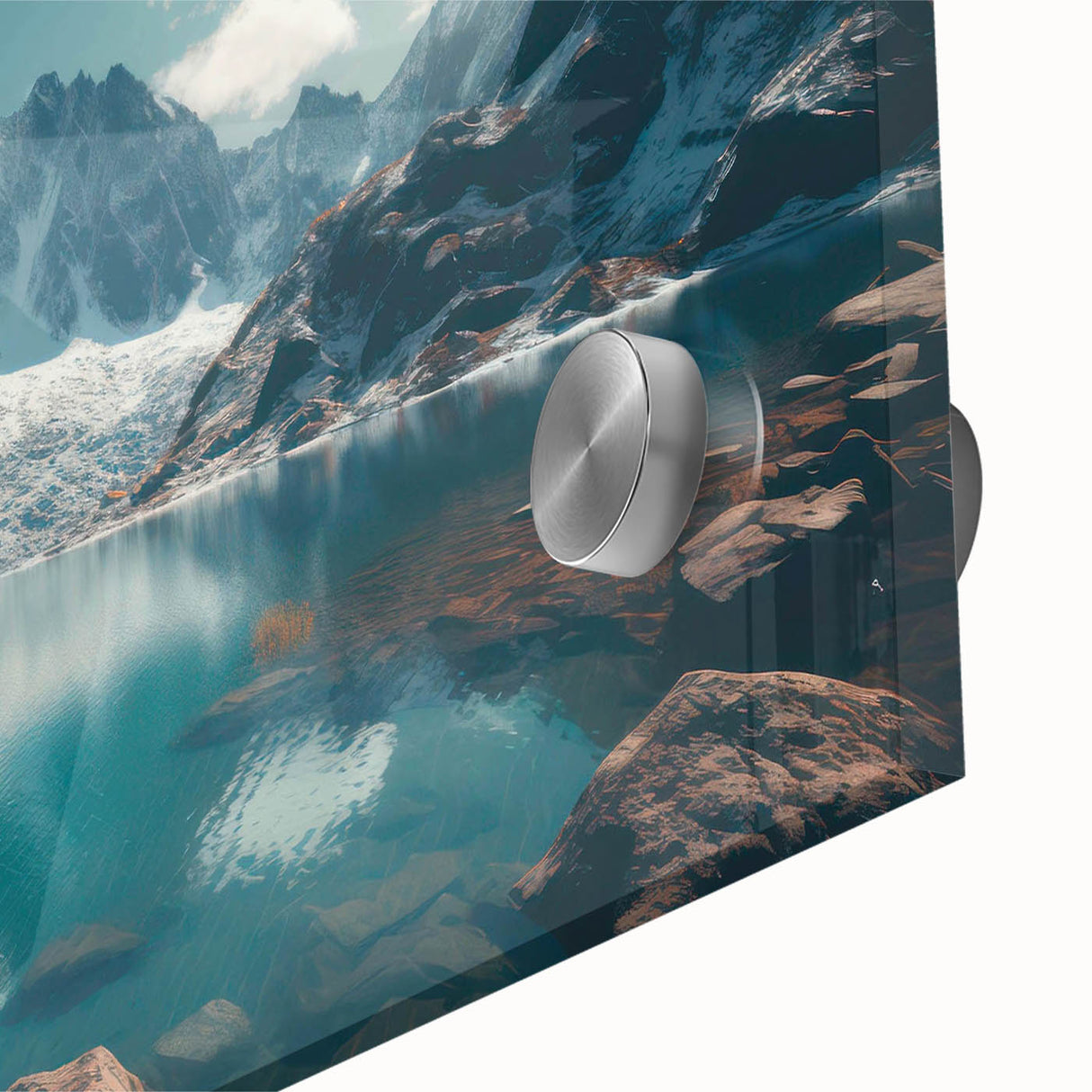 Close-up of a vibrant acrylic glass wall art piece showcasing a serene harbor landscape, featuring rich blues and greens that evoke tranquility and calmness. Perfect for home decor, this design enhances any modern aesthetic with its artistic flair.