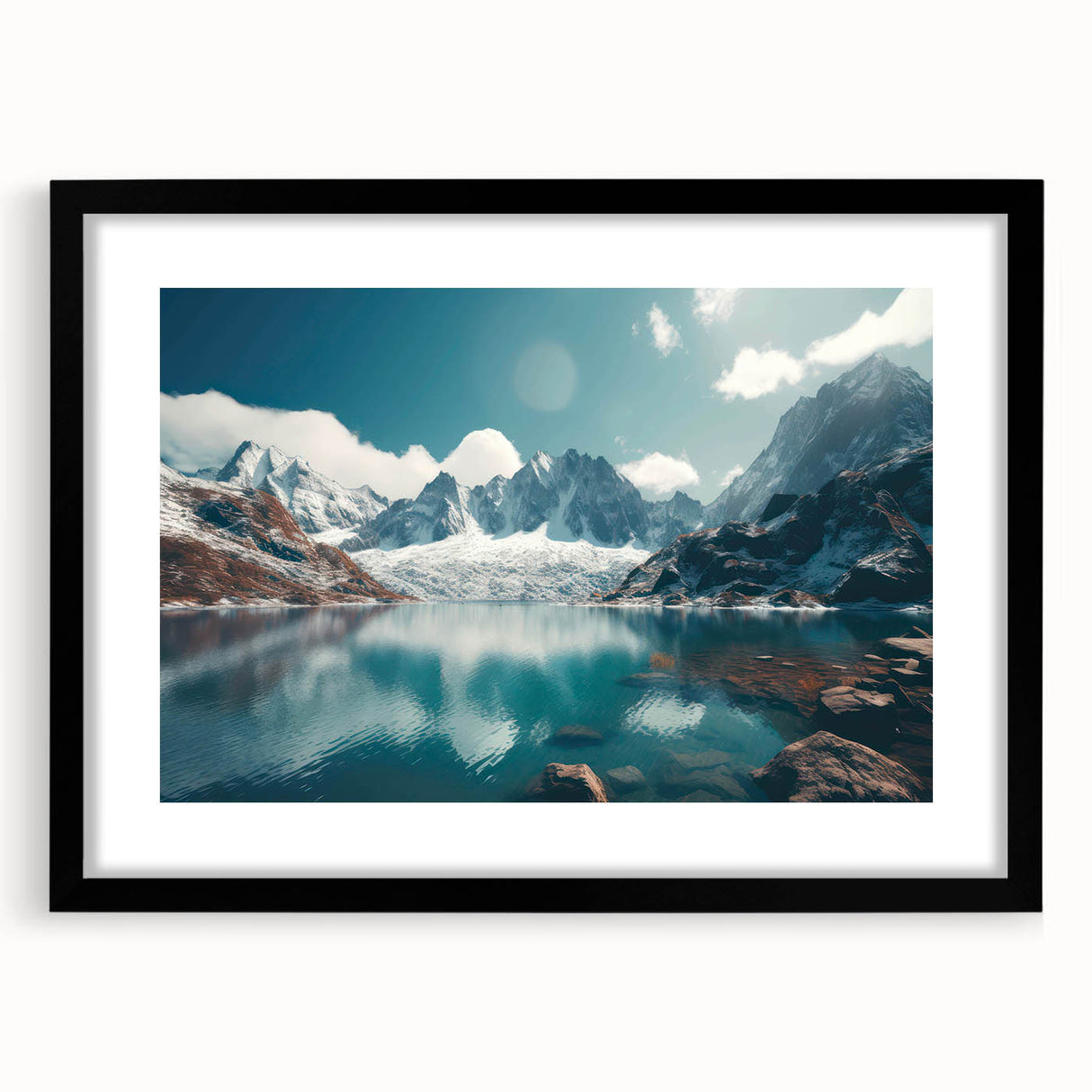 Framed black wall art featuring a serene harbor landscape design, complete with a white mat, perfect for modern home decor. Ideal for adding elegance to any room.