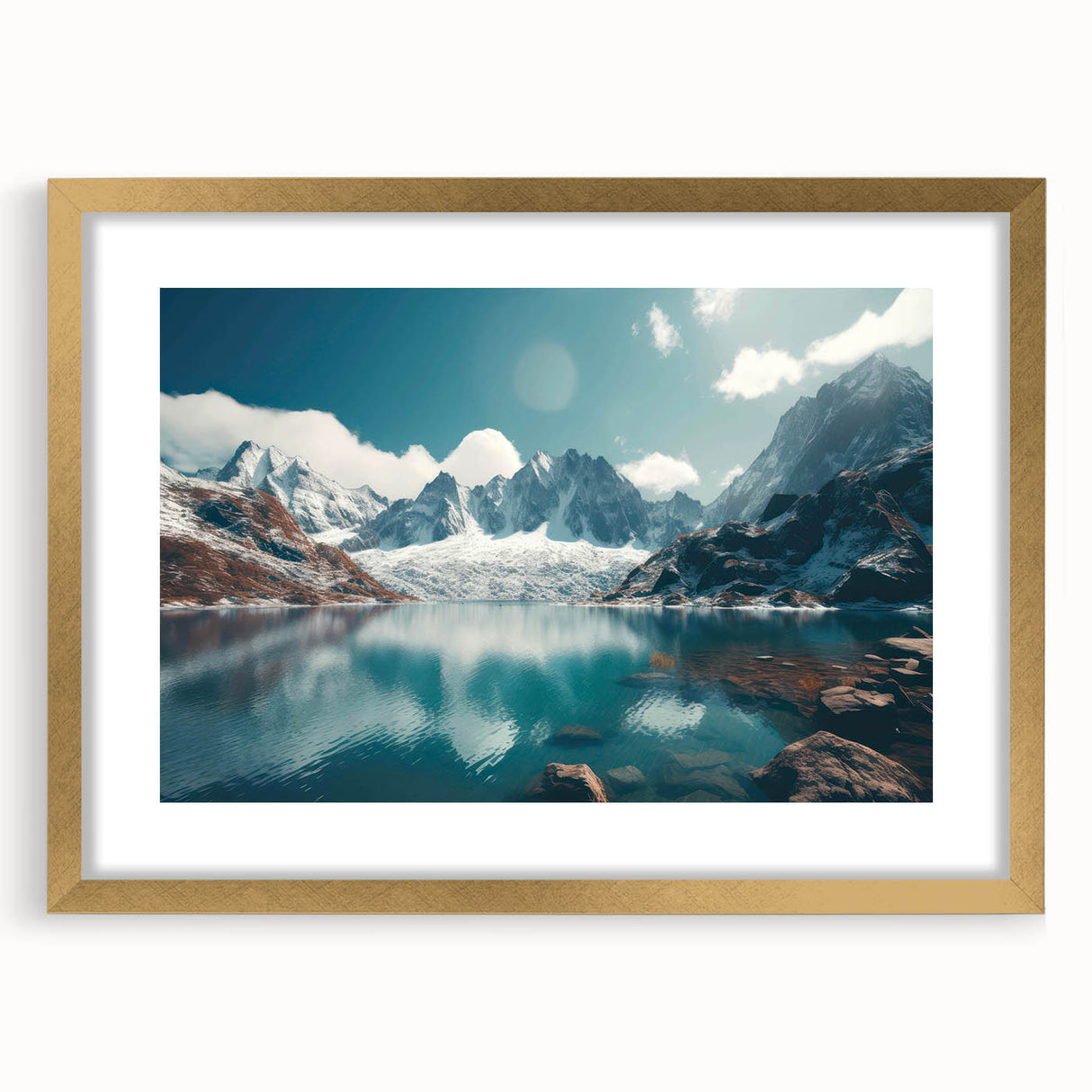 Elegant gold-framed wall art featuring a serene harbor landscape design, complete with a white mat for a sophisticated presentation, ideal for home decor.
