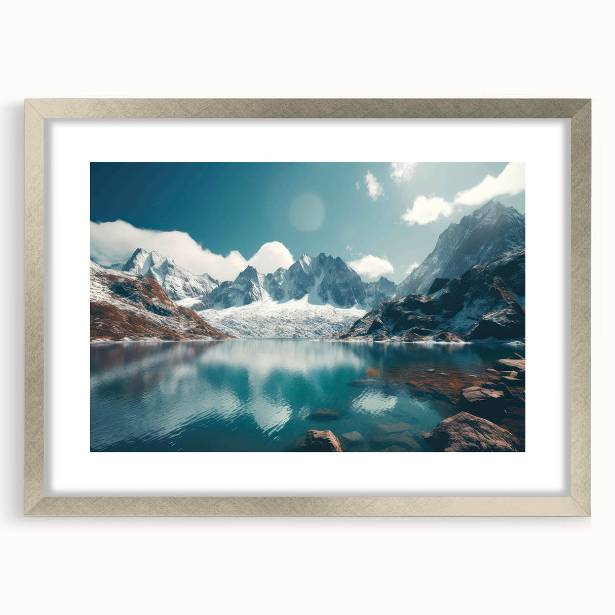 Framed wall art showcasing a serene harbor landscape design, featuring a silver frame with a mat, ideal for home decor to enhance coastal themes.