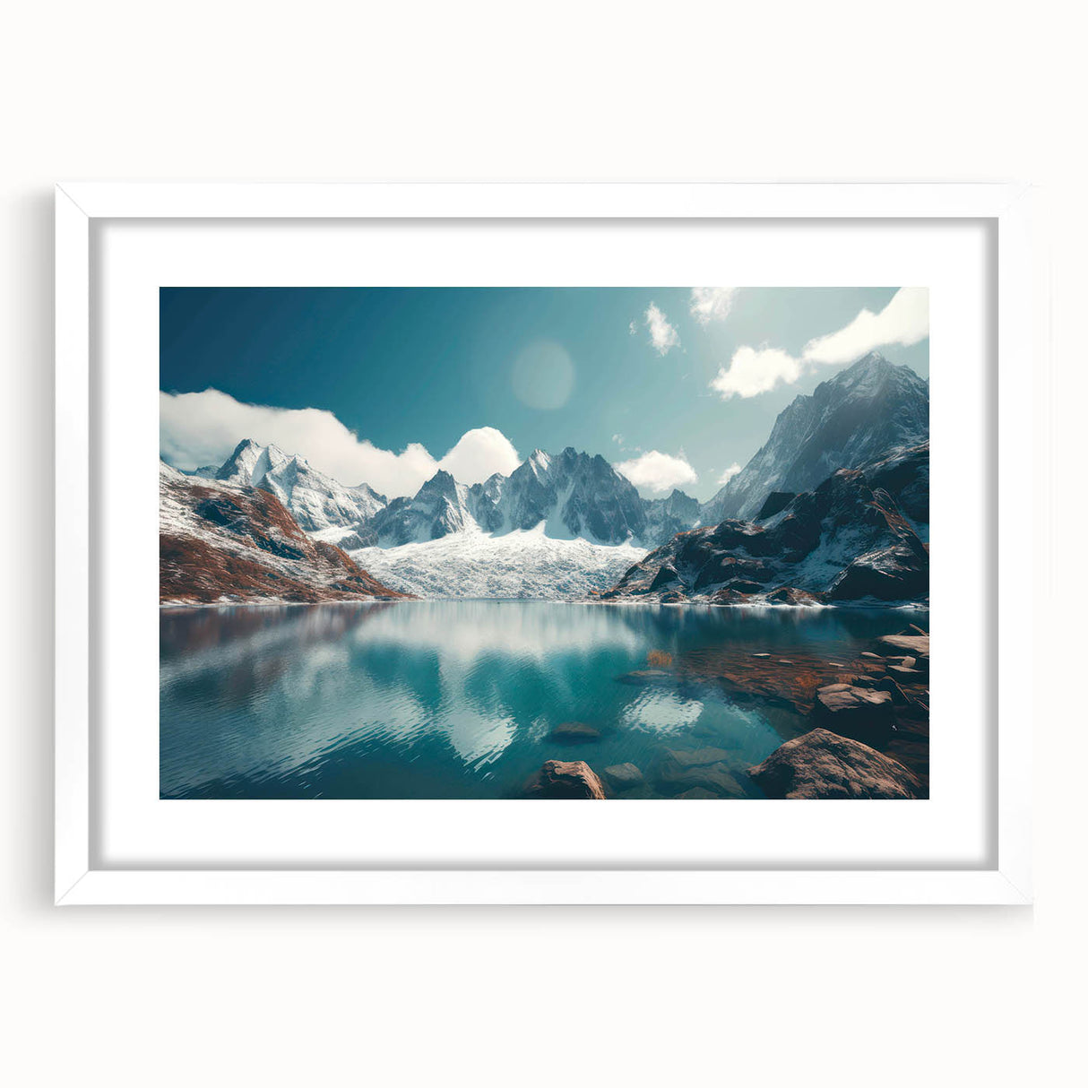 Framed wall art showcasing a serene harbor landscape with soft blue and green hues, set in a sleek white frame with a mat, perfect for home decor.