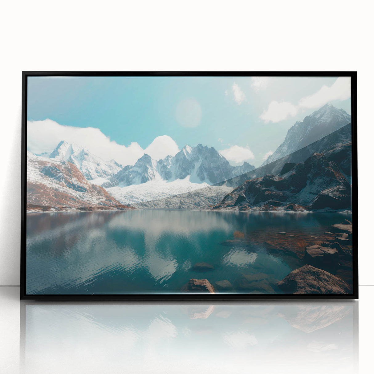 Framed acrylic wall art depicting a serene harbor landscape design, featuring vibrant colors and intricate details, showcased from a front view against a black frame.