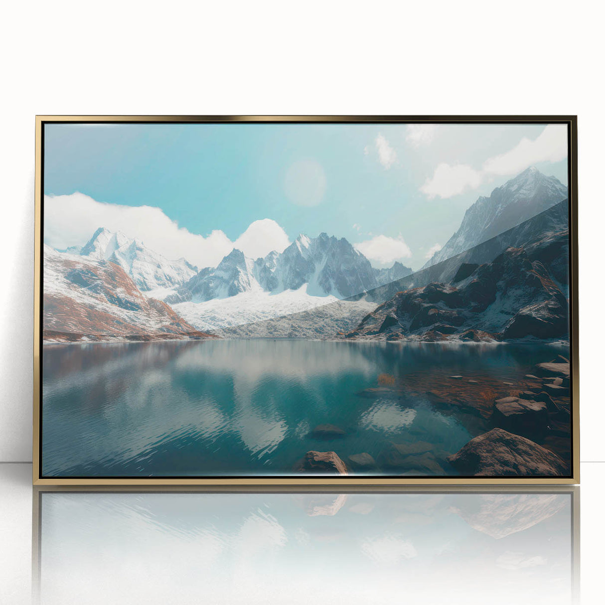 Framed acrylic wall art showcasing a serene harbor landscape with gold accents, ideal for enhancing modern home decor. Perfect for living rooms or offices.