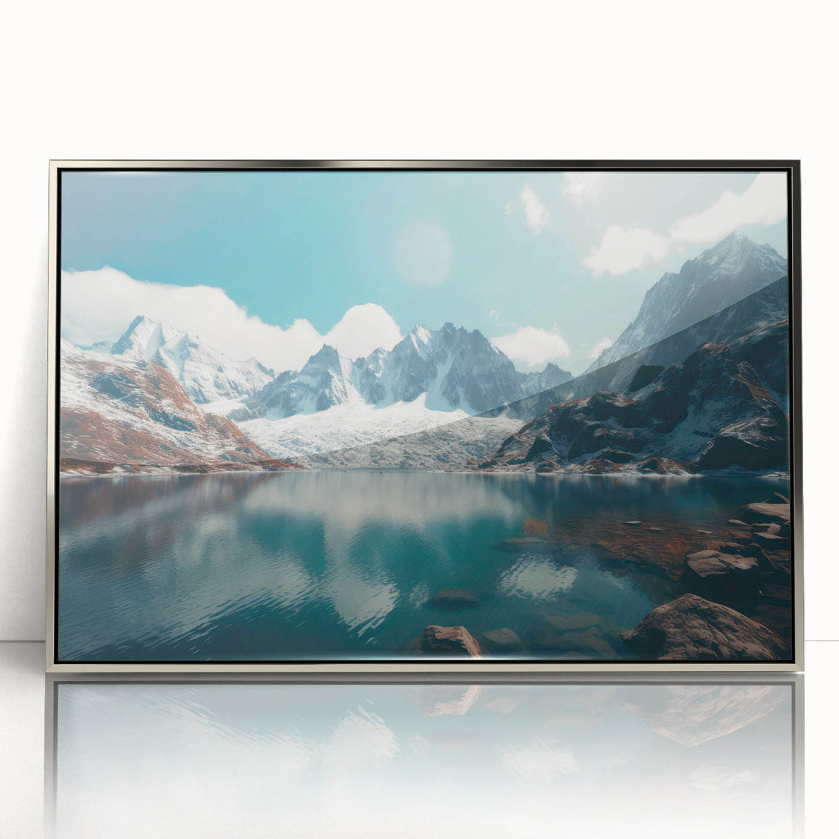 Framed acrylic wall art showcasing a serene harbor landscape design in silver finish, perfect for enhancing modern decor with a touch of elegance and tranquility.
