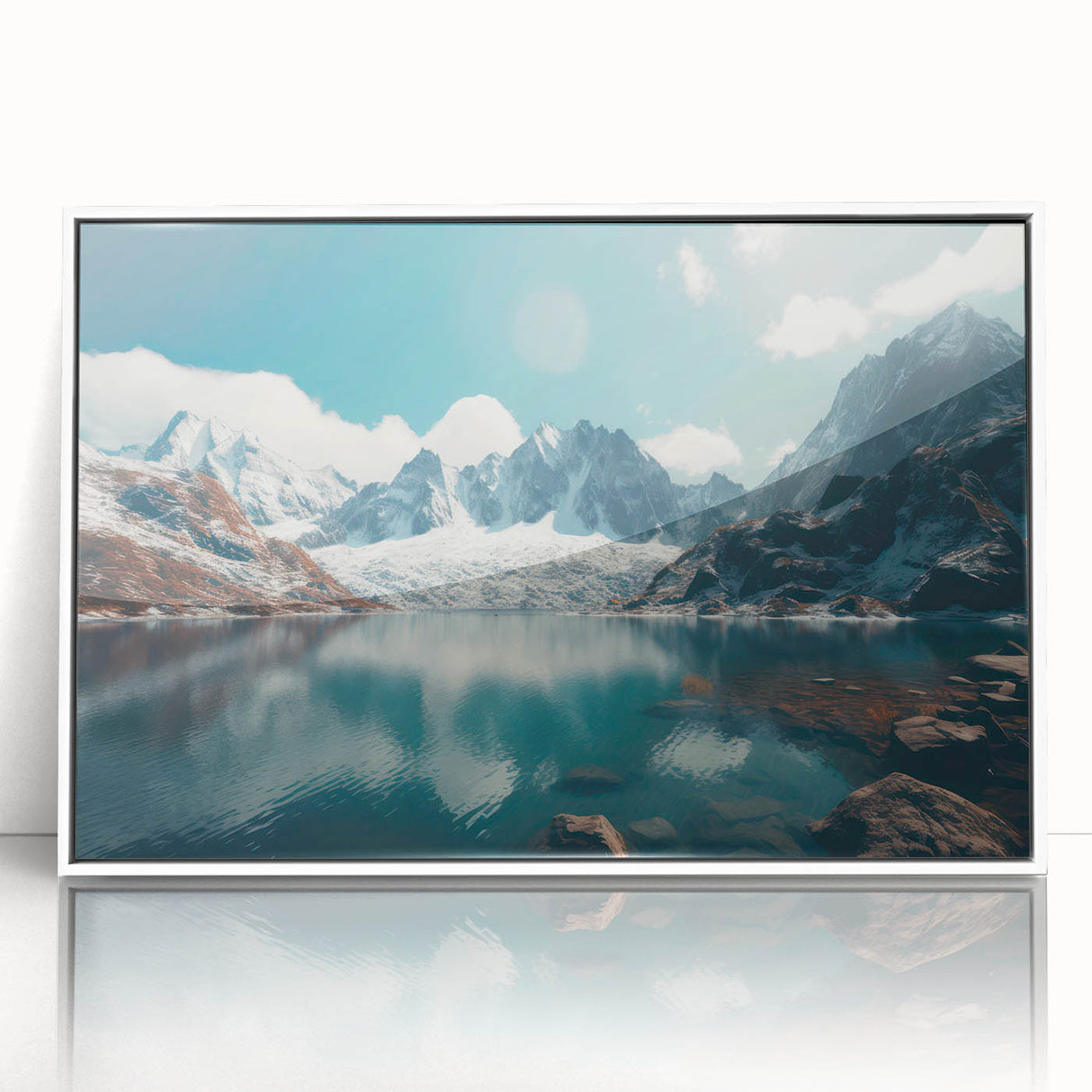 Framed wall art piece depicting a serene harbor landscape design with vibrant colors, featuring a white frame and acrylic glass for a modern touch. Perfect for enhancing home decor in living rooms or offices.