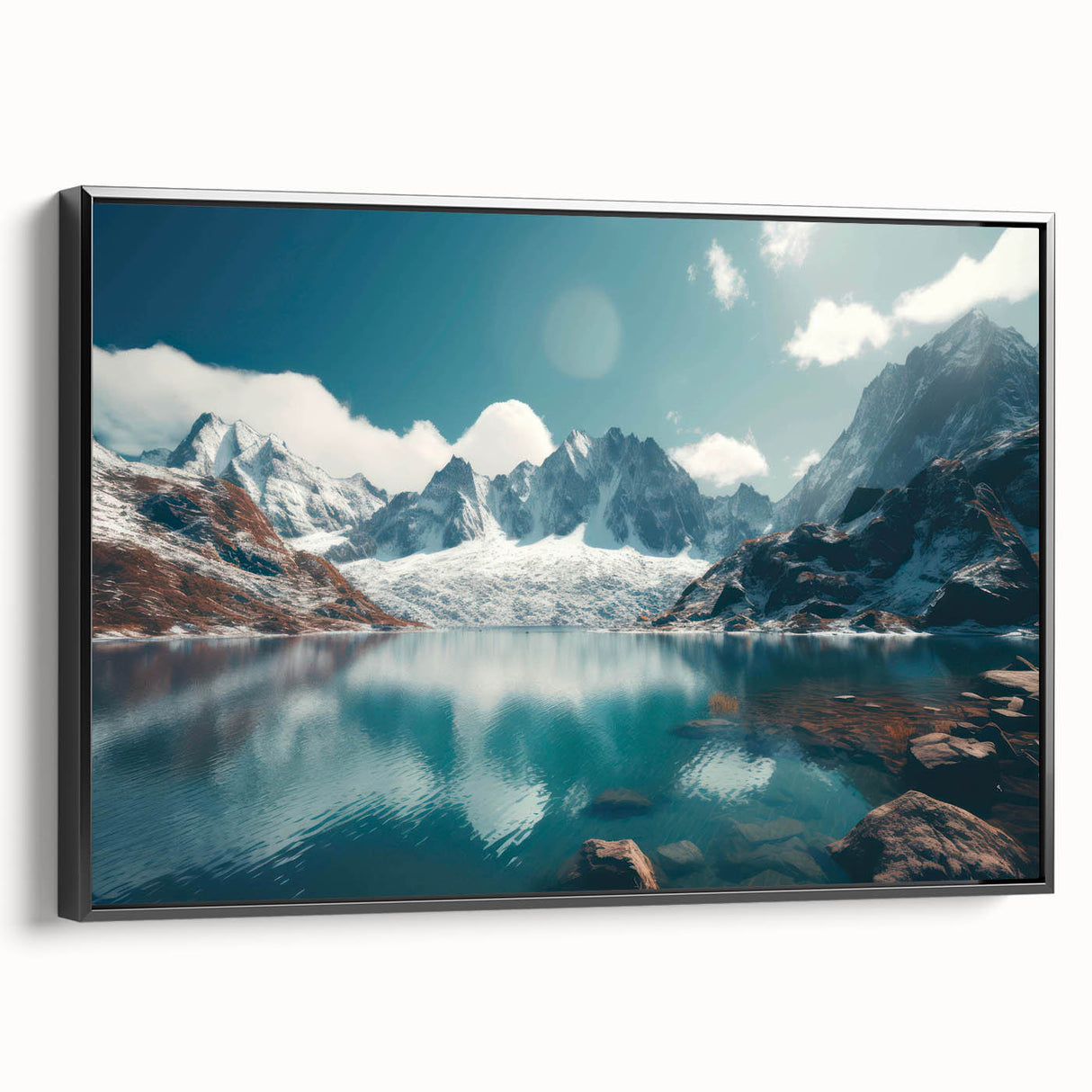 Framed wall art featuring a serene harbor landscape design, showcasing vibrant colors and intricate details, with a sleek black frame enhancing its elegance.