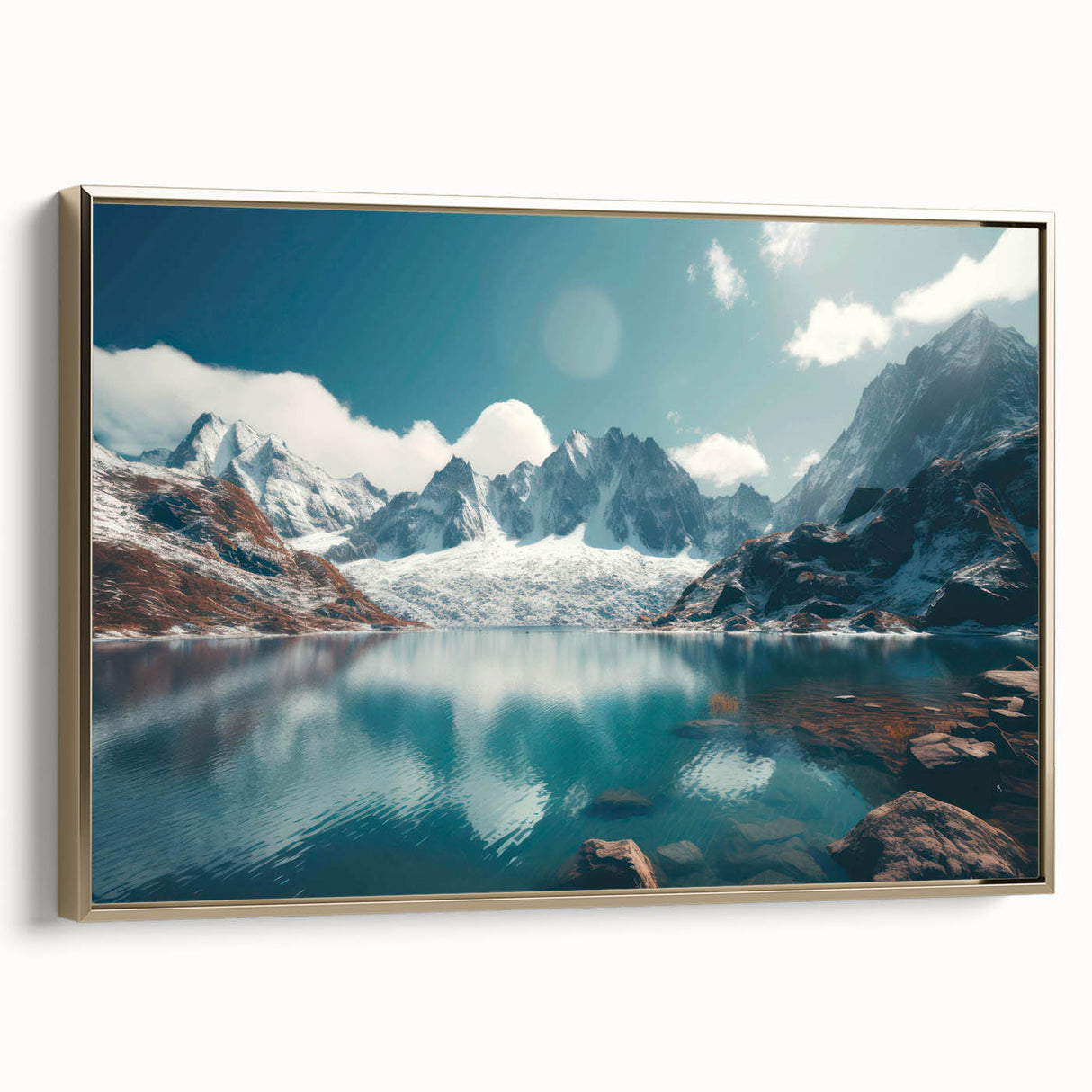 Framed canvas wall art depicting a serene harbor landscape design, featuring muted tones of blue and gold, ideal for enhancing modern home decor.