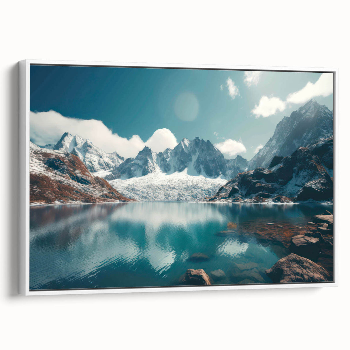 Framed canvas artwork showcasing a serene harbor landscape with vibrant colors, ideal for home decor, viewed from the side against a white background.