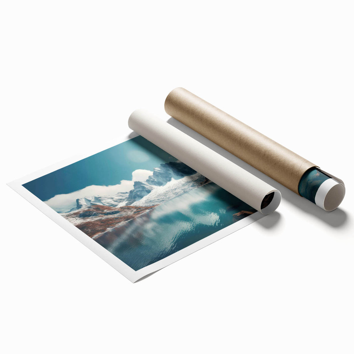 Vibrant rolled print showcasing a serene harbor landscape with vivid colors, expertly designed for wall art collection, packaged securely in a cardboard tube.