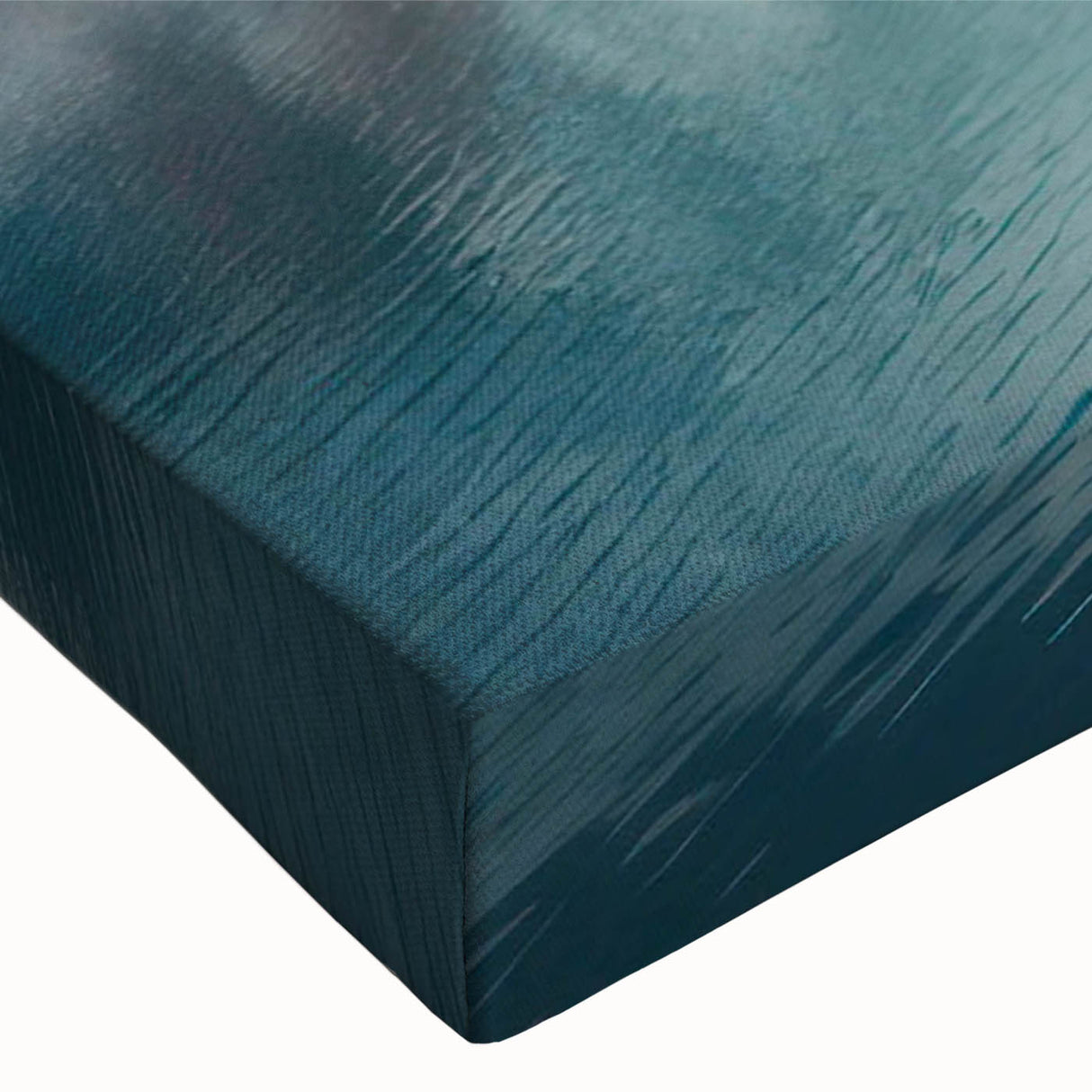 Close-up of a stretched canvas print showcasing a vibrant harbor landscape design, featuring rich blues and greens, perfect for home décor and artistic inspiration.