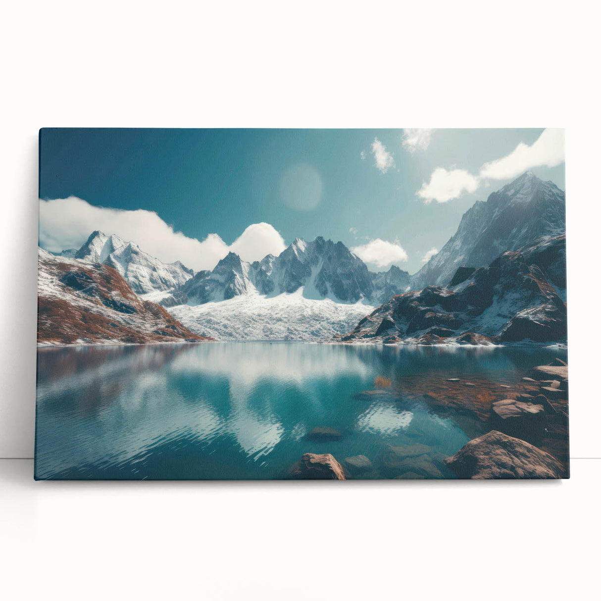 Stretched canvas artwork showcasing a serene harbor landscape with soft blue and green hues, elegantly leaning against a neutral wall, perfect for home decor.