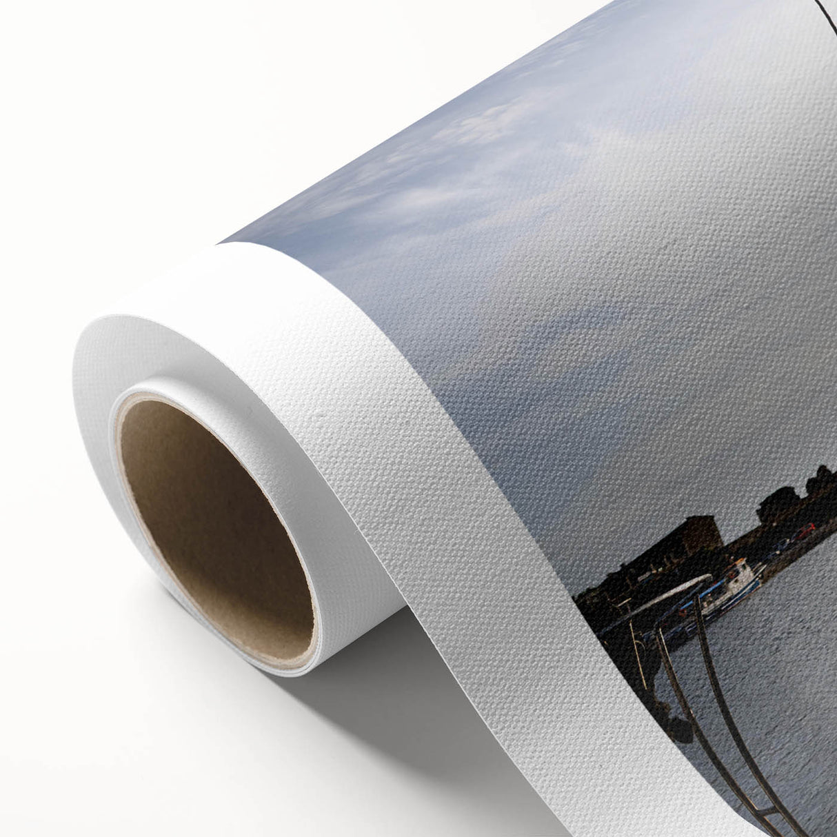 Rolled canvas artwork showcasing a vibrant harbor landscape in rich blues and greens, designed for wall display, emphasizing serene nautical themes and artistic detail.