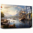 Acrylic glass wall art collection showcasing a vibrant harbor landscape design, displayed from a side view with decorative pins, ideal for modern home decor.