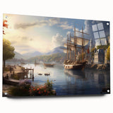 Acrylic glass wall art collection showcasing a vibrant harbor landscape design, displayed from a side view with decorative pins, ideal for modern home decor.