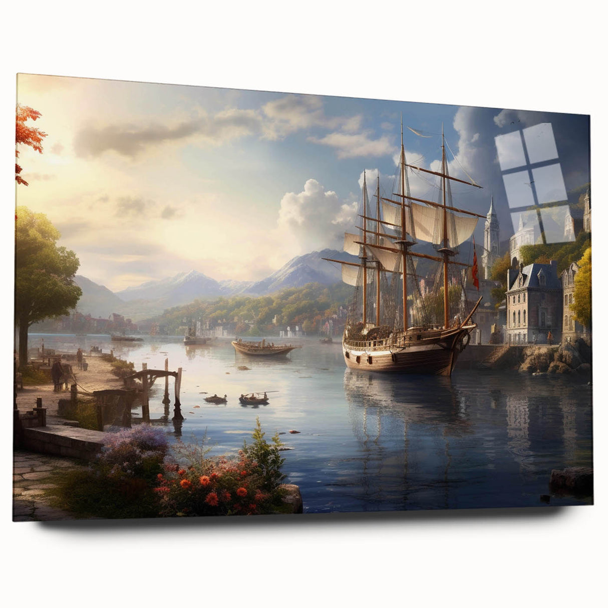 Acrylic glass wall art collection showcasing a vibrant harbor landscape design from a side view, highlighting vivid colors and intricate details, perfect for home decor.