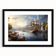 Framed black wall art featuring a serene harbor landscape design, with a mat for added depth, ideal for modern home decor and artistic expression.