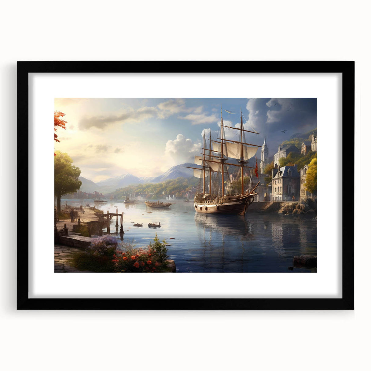 Framed black wall art featuring a serene harbor landscape design, with a mat for added depth, ideal for modern home decor and artistic expression.