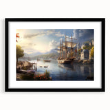 Framed black wall art featuring a serene harbor landscape design, with a mat for added depth, ideal for modern home decor and artistic expression.