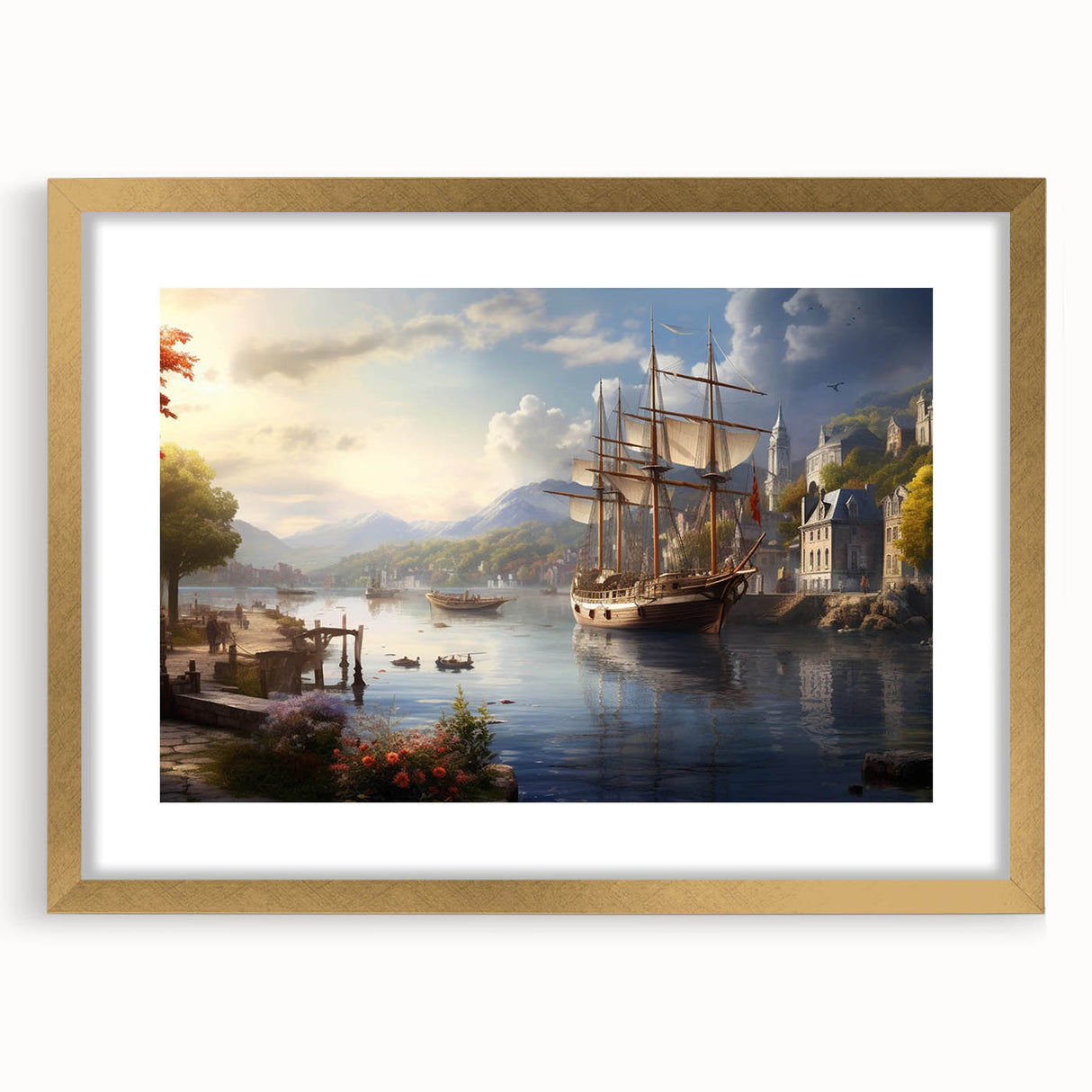 Elegant framed wall art collection featuring three serene harbor landscapes with a gold mat, perfect for enhancing modern home decor. Ideal for art enthusiasts seeking coastal vibes.