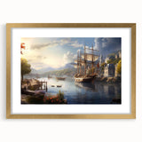 Elegant framed wall art collection featuring three serene harbor landscapes with a gold mat, perfect for enhancing modern home decor. Ideal for art enthusiasts seeking coastal vibes.