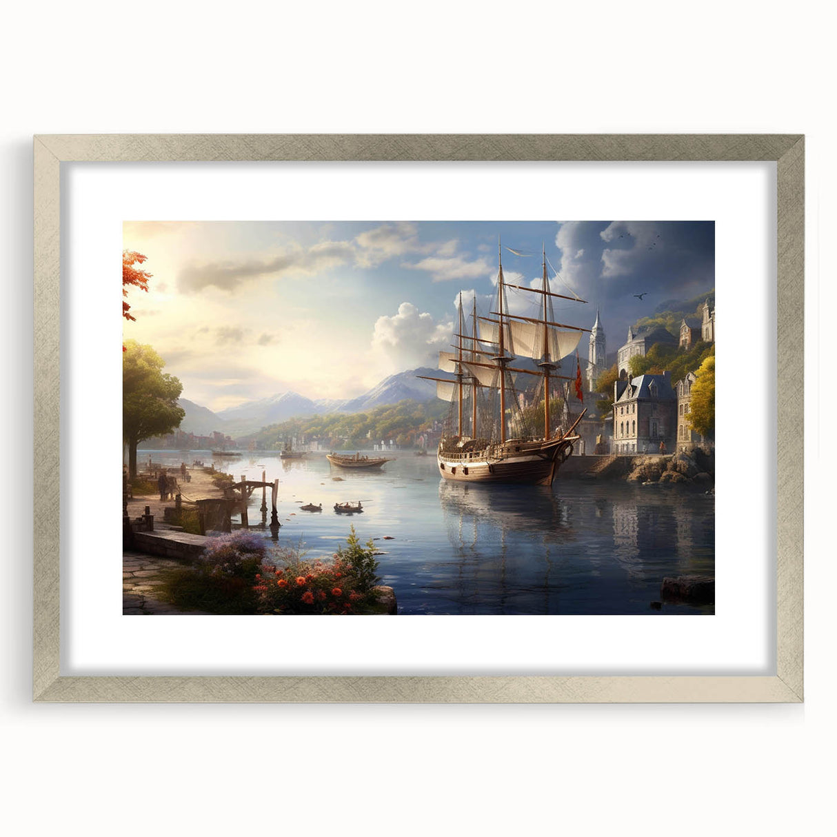 Framed silver wall art showcasing a serene harbor landscape design, featuring intricate details and a stylish mat, perfect for modern home decor.