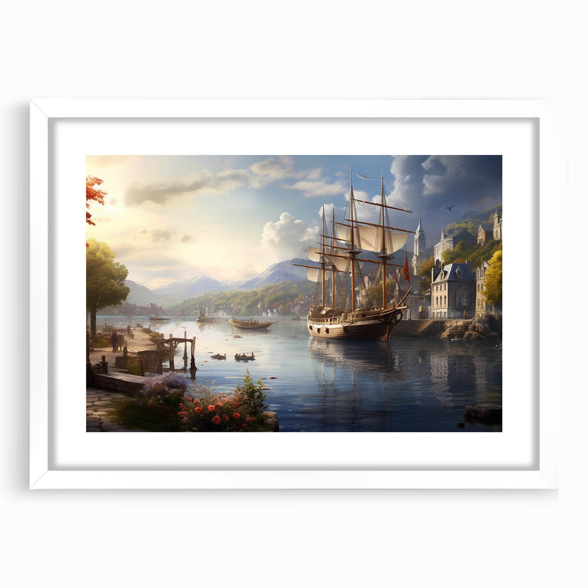 Framed wall art collection showcasing serene landscapes of a harbor, featuring a white mat and sleek frame, perfect for enhancing home decor. Ideal for coastal-themed interiors.