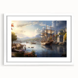 Framed wall art collection showcasing serene landscapes of a harbor, featuring a white mat and sleek frame, perfect for enhancing home decor. Ideal for coastal-themed interiors.