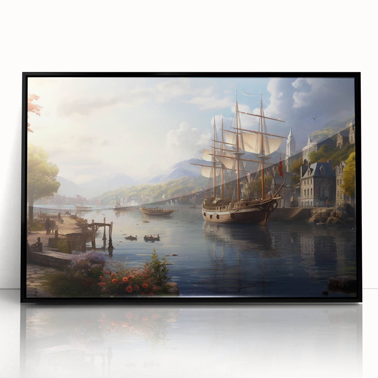 Framed acrylic wall art collection featuring a modern harbor landscape design with a black frame, ideal for contemporary home decor and artistic ambiance.