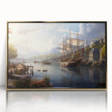 Framed acrylic wall art collection showcasing a stunning harbor design with gold accents, perfect for modern home decor. Ideal for enhancing living spaces with elegance.