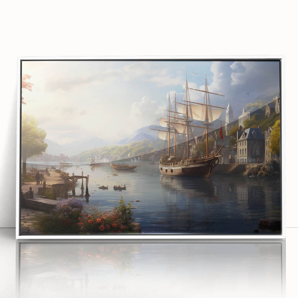 Framed acrylic wall art showcasing a serene harbor landscape with vibrant colors and intricate details, set against a sleek white frame. Ideal for home decor.