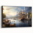 Framed canvas wall art collection showcasing a serene harbor landscape design, featuring soft blues and greens. The artwork is elegantly displayed in a black frame, highlighting its contemporary aesthetic, perfect for modern home decor.