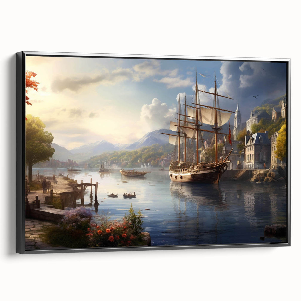 Framed canvas wall art collection showcasing a serene harbor landscape design, featuring soft blues and greens. The artwork is elegantly displayed in a black frame, highlighting its contemporary aesthetic, perfect for modern home decor.