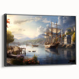 Framed canvas wall art collection showcasing a serene harbor landscape design, featuring soft blues and greens. The artwork is elegantly displayed in a black frame, highlighting its contemporary aesthetic, perfect for modern home decor.
