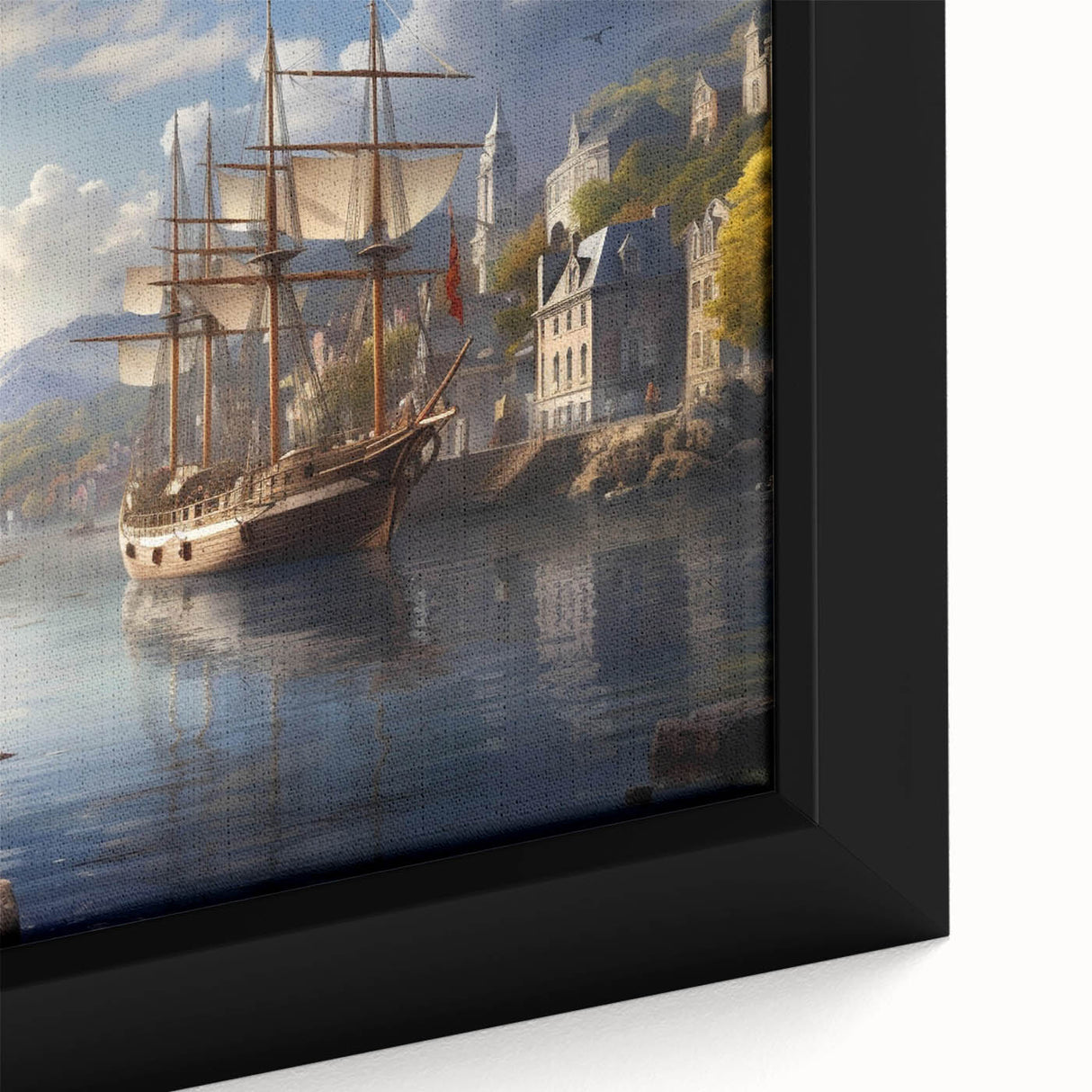 Framed canvas close-up showcasing a serene harbor landscape design with vibrant colors, intricate details, and a textured surface, perfect for home decor.