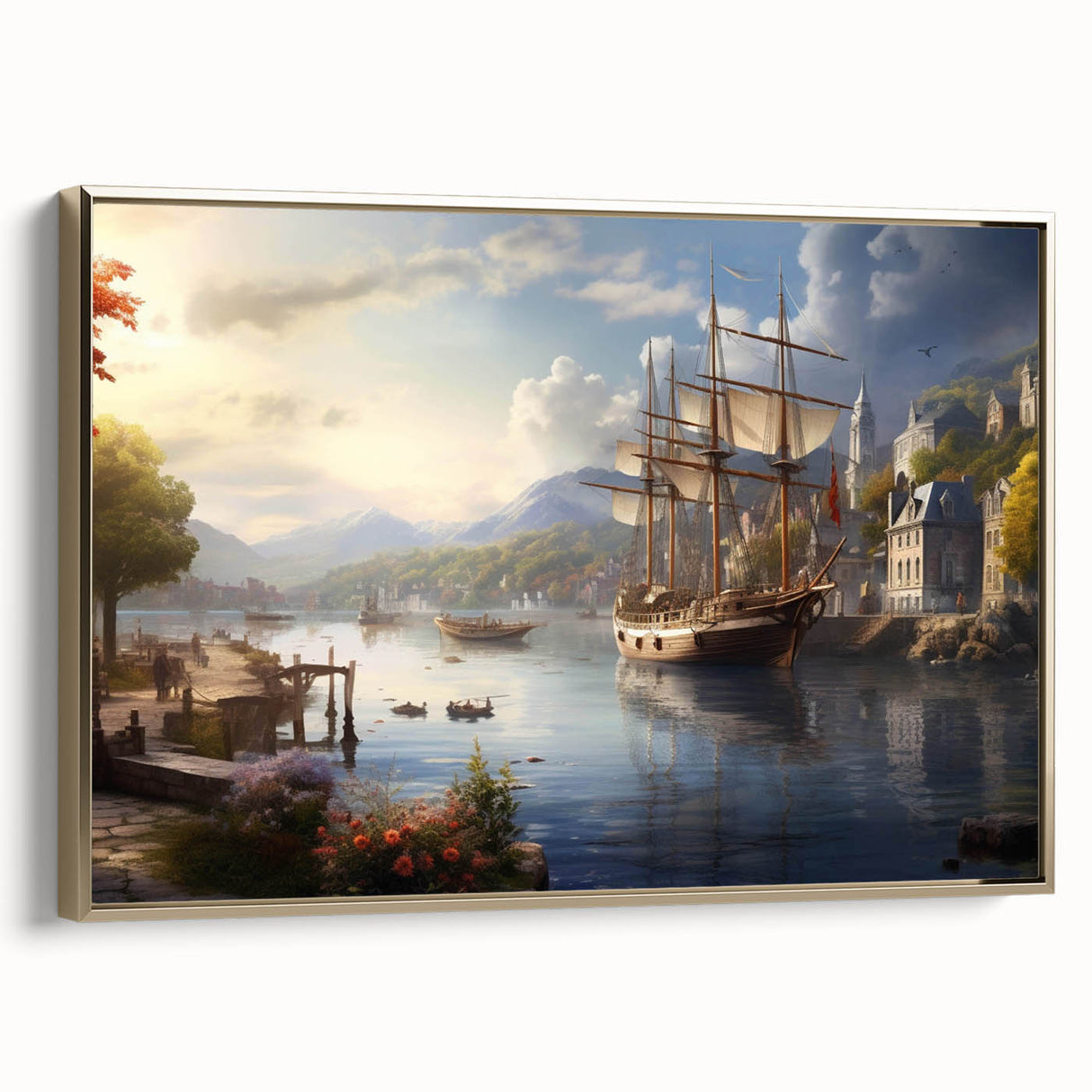 Framed canvas wall art collection showcasing a modern harbor landscape design with gold accents, viewed from the side, ideal for contemporary home decor.