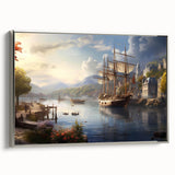Framed canvas wall art collection showcasing a serene harbor landscape design with silver accents, beautifully displayed from a side view, perfect for modern decor.