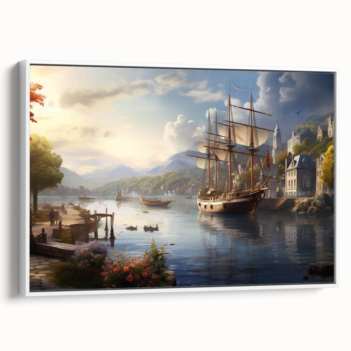 Framed canvas wall art collection showcasing a serene harbor landscape design, featuring calming blues and greens, displayed from a white side view, ideal for home decor.