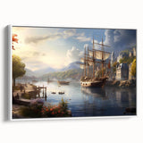Framed canvas wall art collection showcasing a serene harbor landscape design, featuring calming blues and greens, displayed from a white side view, ideal for home decor.