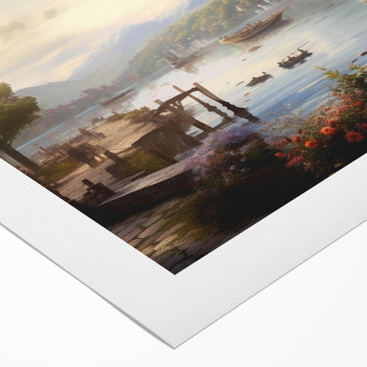 Rolled canvas artwork showcasing a serene harbor landscape design with vibrant colors, perfect for home decor. Features a textured surface and is ideal for coastal-themed interiors.