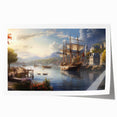 Vibrant wall art collection showcasing a serene harbor landscape design in calming blues and greens, rolled for easy shipping and display. Perfect for nautical-themed decor.